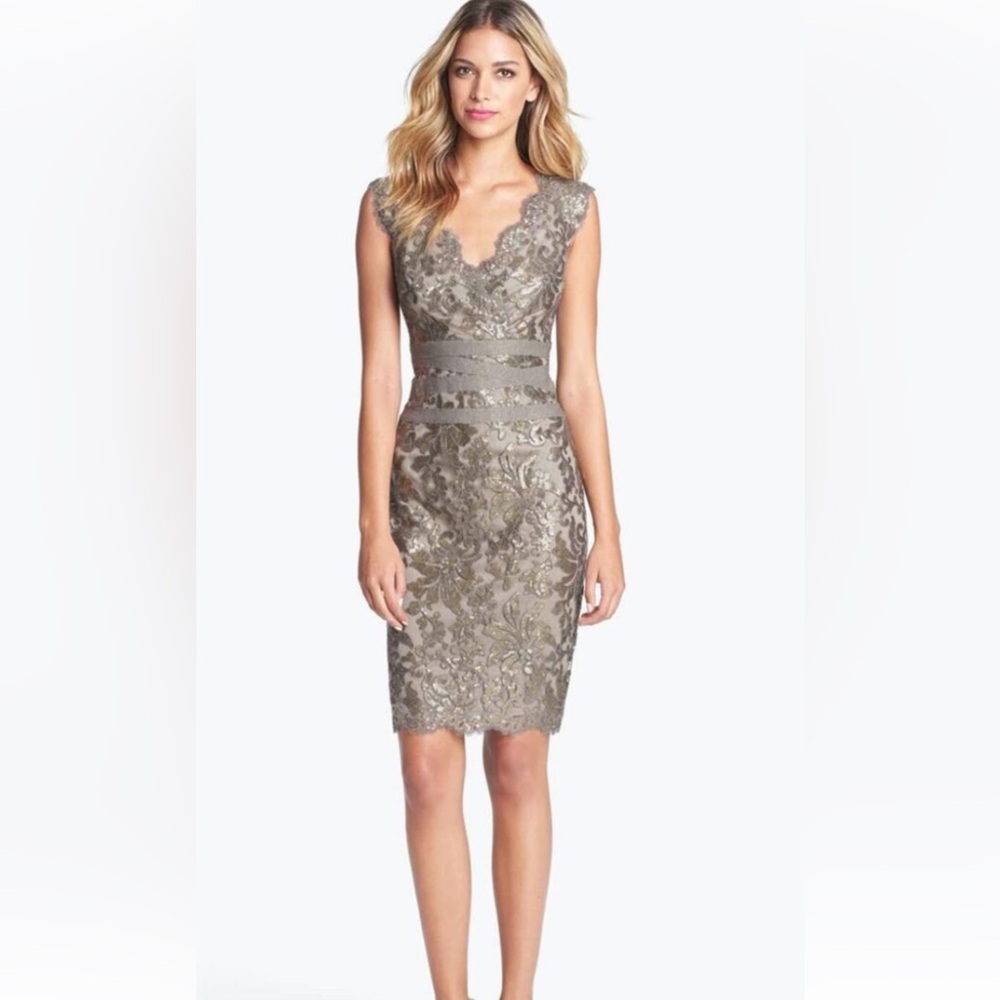 Tadashi Shoji Paillette Sequin Lace Sheath Dress, Smoked Pearl, 4 New